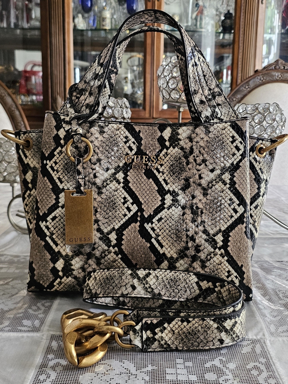 GUESS Beige Snake-Print Tote Bag with Gold Hardware